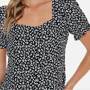 Elodie Black & White Animal Print Button Front Woven Sweetheart Neck Top L